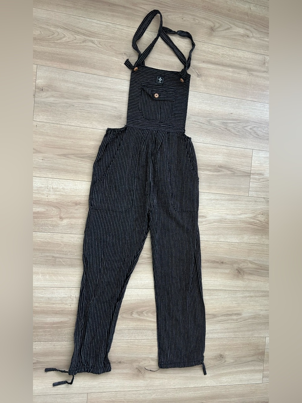 Women’s Black Pinstripe Overalls Jumpsuit with Adjustable Straps
